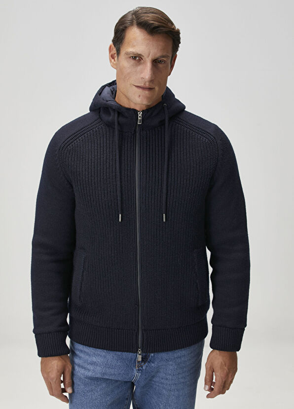 Lacivert Kapüşonlu Yün Triko Mont - Görsel 3