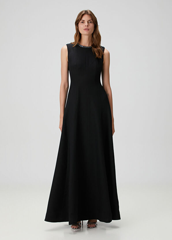 Roland Mouret Black Embellished Maxi Wool Evening Dress - 1