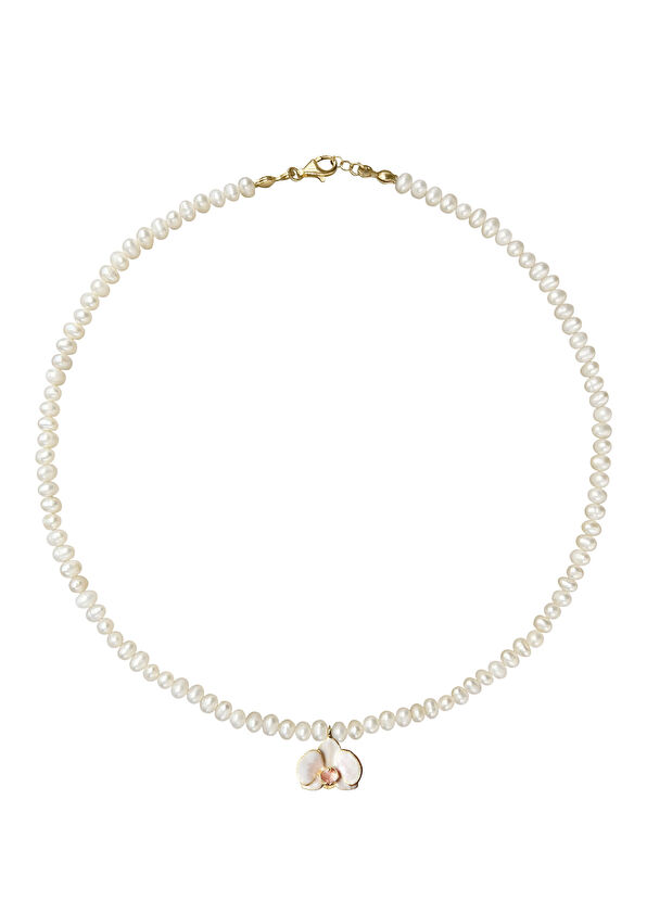 Allegoria Jewelry Orchid White Enamel 925 Sterling Silver 24K Gold Plated Women's Pearl Necklace - 1