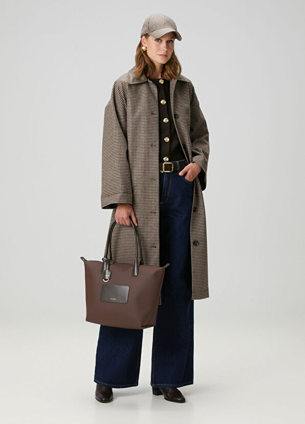 Kahverengi Yün Karışımlı Garnili Palto - Görsel 3