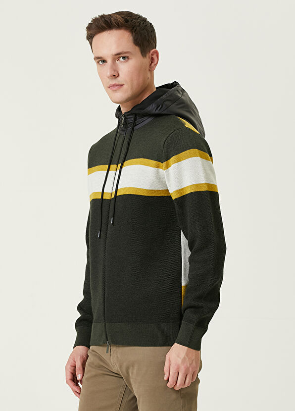 Beymen Club Koyu Haki Kapüşonlu Kamuflaj Jakar Yün Triko Hırka - 4