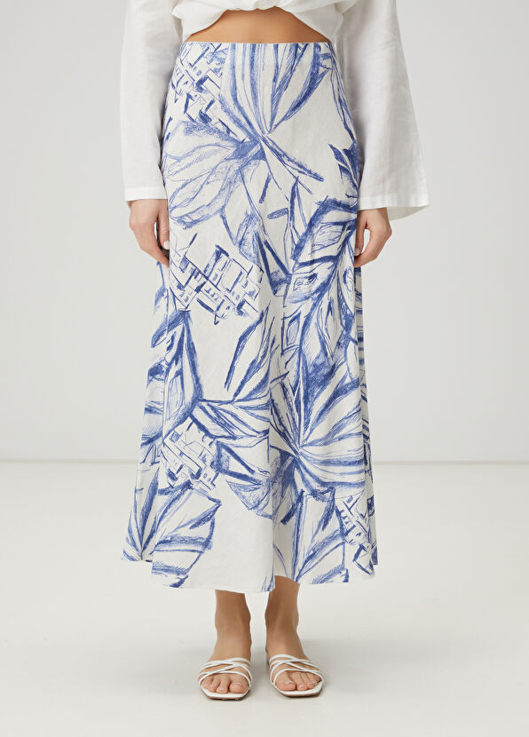 Beymen Club Mavi Beyaz Desenli Maksi Keten Etek - 2