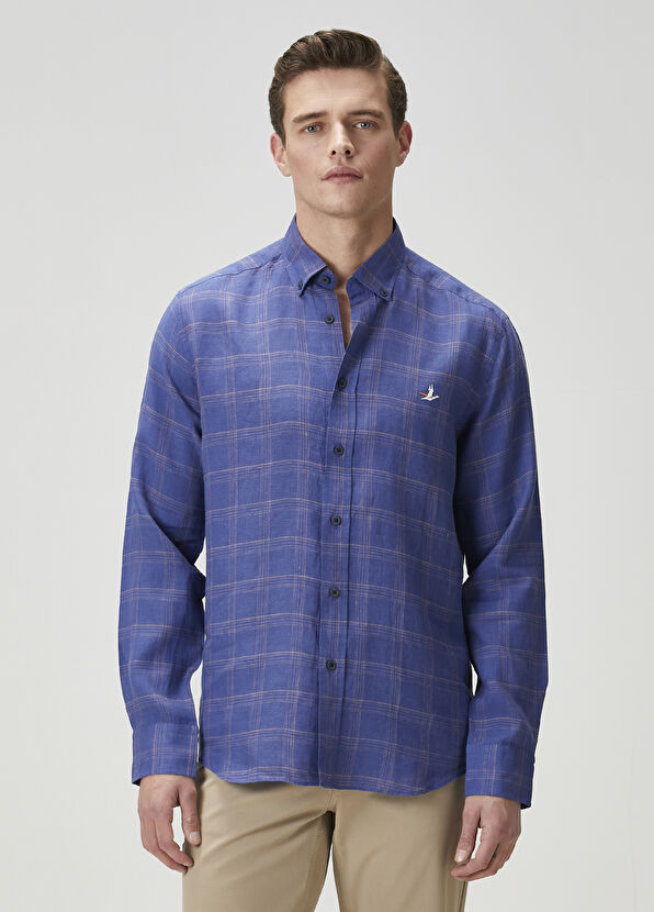 Beymen Club Comfort Fit Lacivert Ekose Desenli Keten Gömlek - 2