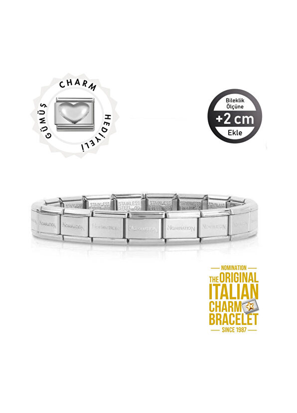 Orijinal İtalyan Gümüş Kalp Link Charm Çelik Unisex Bileklik - Görsel 3