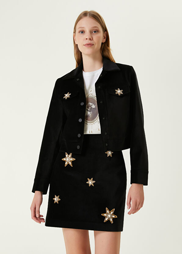 Beymen Club Siyah Taşlı Aksesuarlı Kadife Trucker Ceket - 1