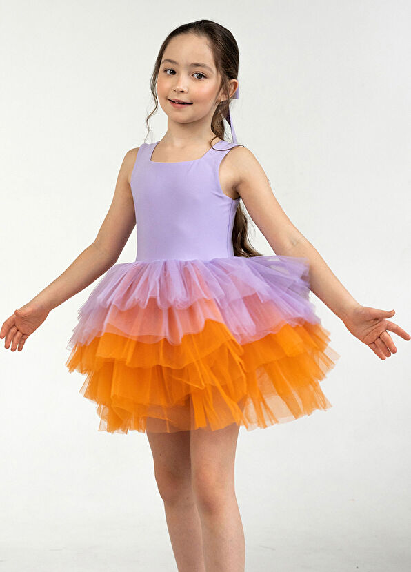Mini Celebrities Lila Turuncu Kolsuz Kız Çocuk Tütülü Elbise - 3