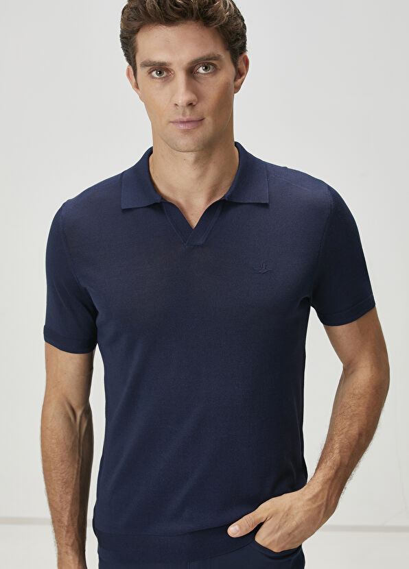 Beymen Club Navy Blue Short Sleeve Silk Polo Sweater - 2