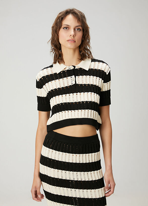 Academia Ekru Siyah Cropped Triko - 4