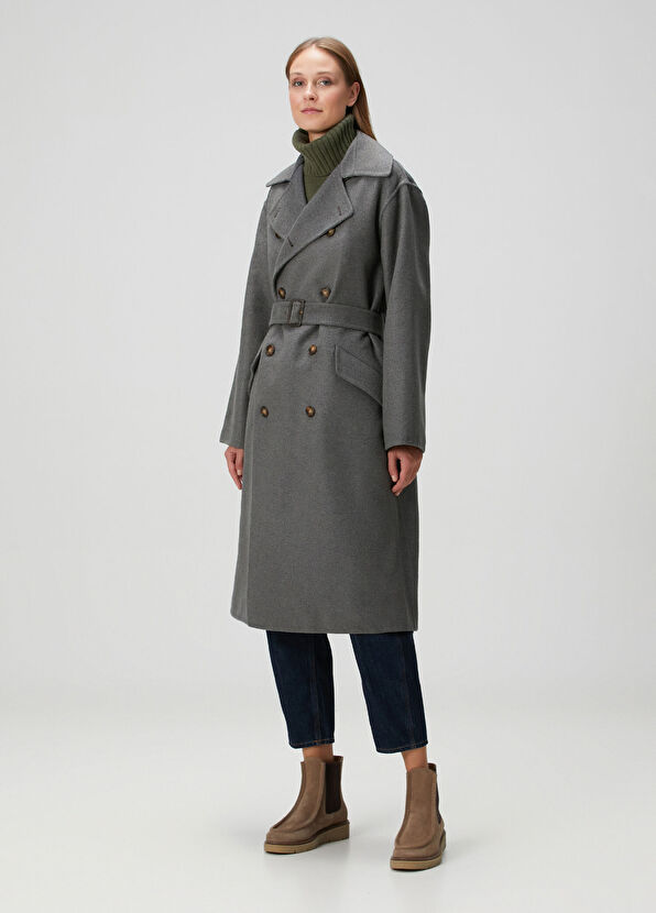 Gri Kruvaze Kaşmir Palto - Görsel 3