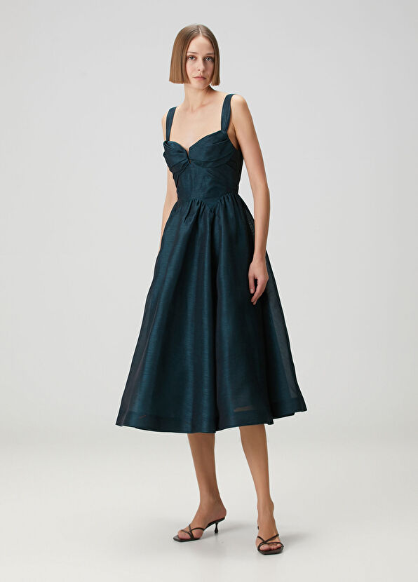 Rebellion Koyu Mavi Midi Keten Elbise - Görsel 3