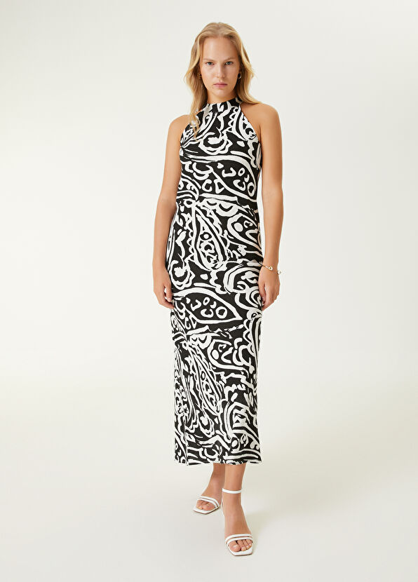 Beymen Club Siyah Beyaz Midi Keten Elbise - 1