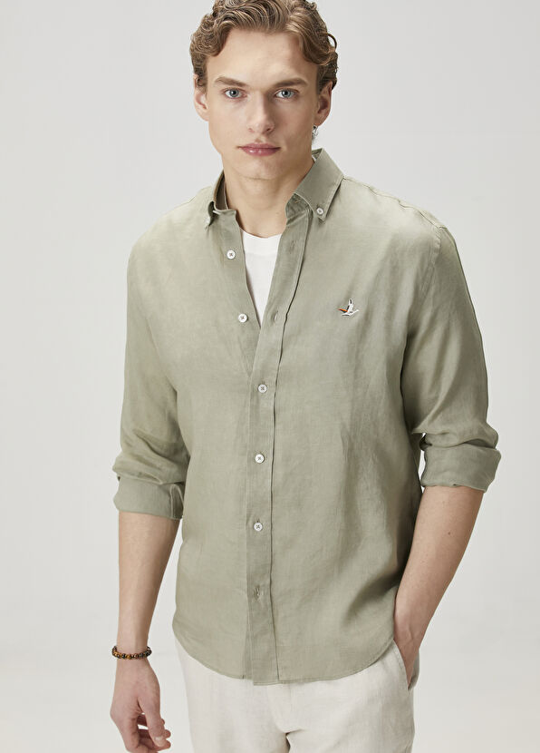 Beymen Club Comfort Fit Açık Haki Keten Gömlek - 1