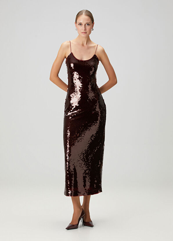 Bordo Payetli Midi Kokteyl Elbise - Görsel 5