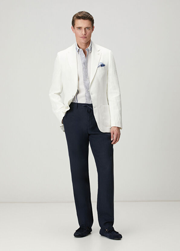 Beymen Club Lacivert Beli Kordonlu Keten Pantolon - 1