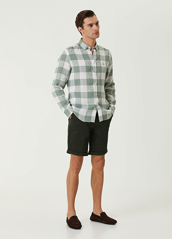 Beymen Club Comfort Fit Açık Haki Ekose Desenli Keten Gömlek - 3