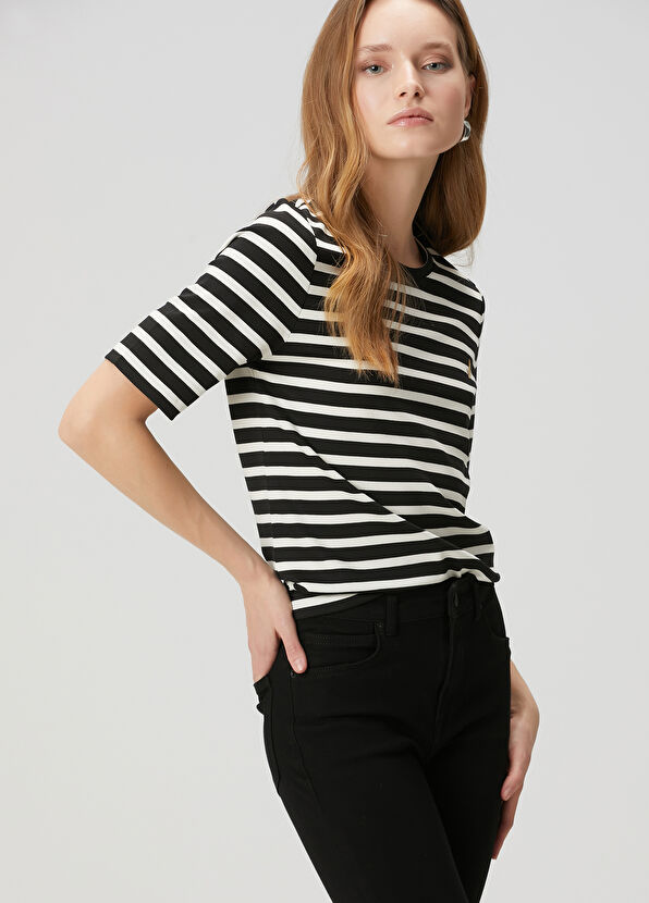 Beymen Club Ekru Siyah Çizgili T-shirt - 4