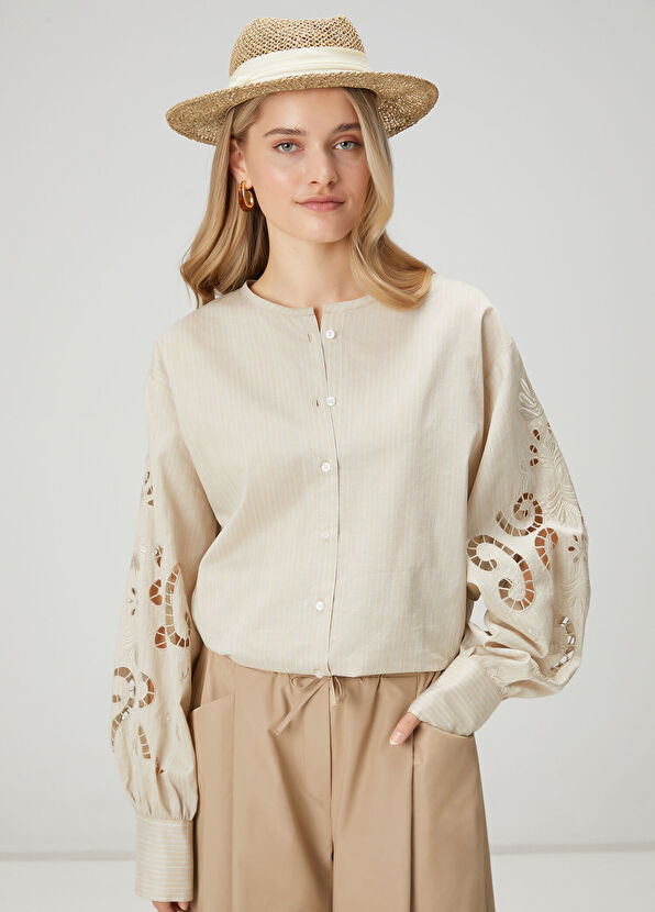 Beymen Club Bej Çizgili Nakışlı Gömlek - 1