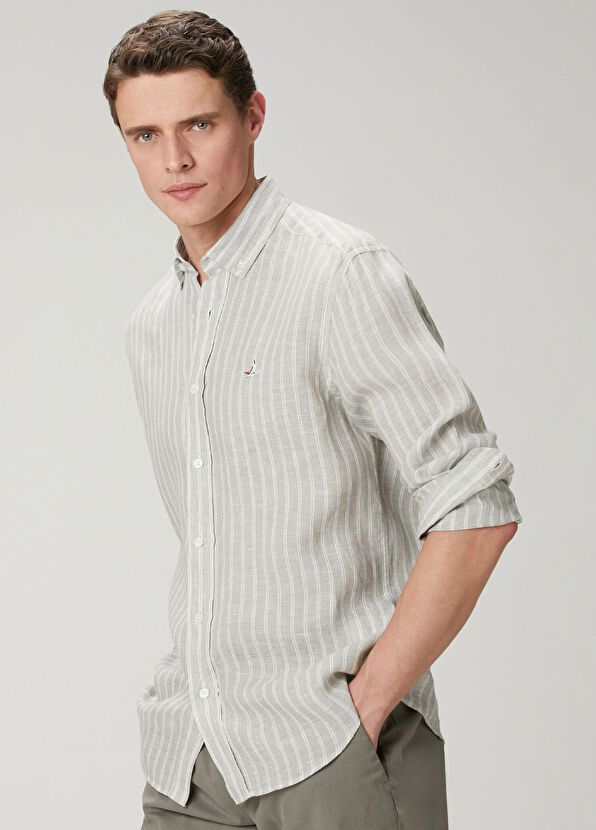 Beymen Club Comfort Fit Green Line Patterned Linen Shirt - 3