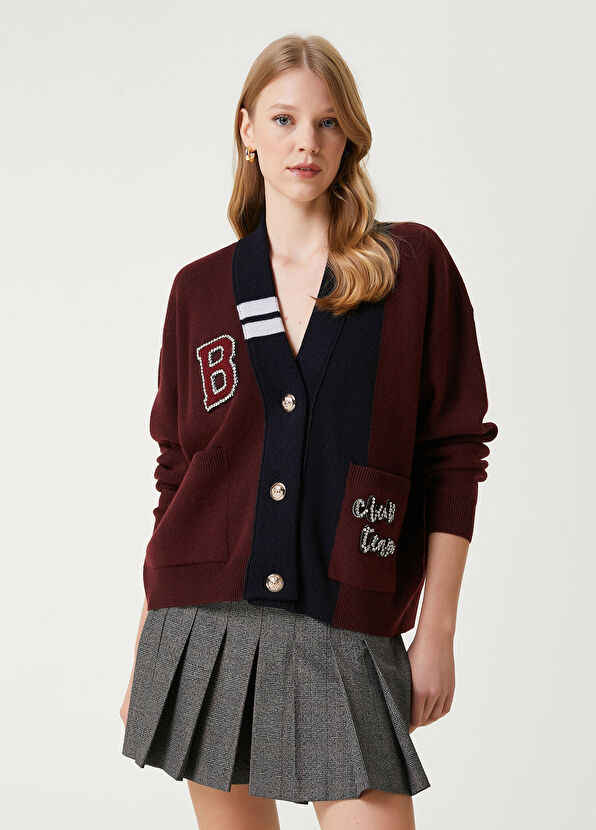 Beymen Club Burgundy Crystal Logo Wool College Cardigan - 4