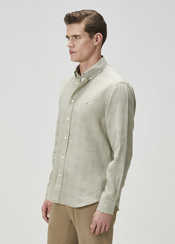Beymen Club Comfort Fit Light Khaki Plaid Pattern Linen Shirt - 4