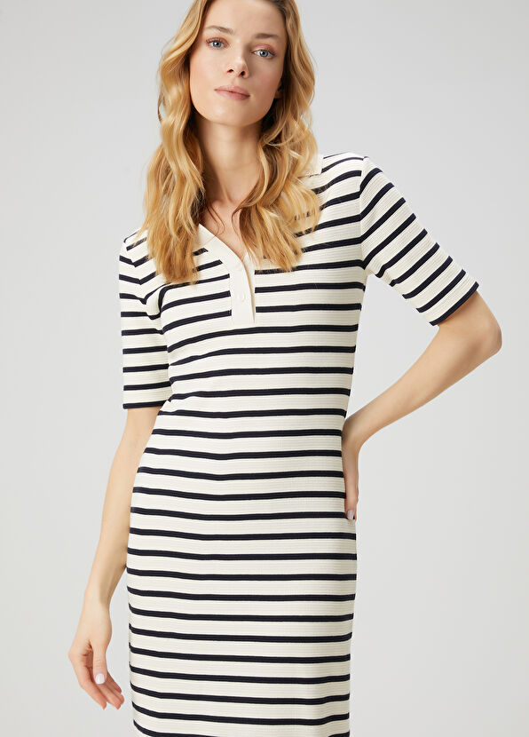 Beymen Club Ekru Lacivert Çizgili Midi Polo Elbise - 1