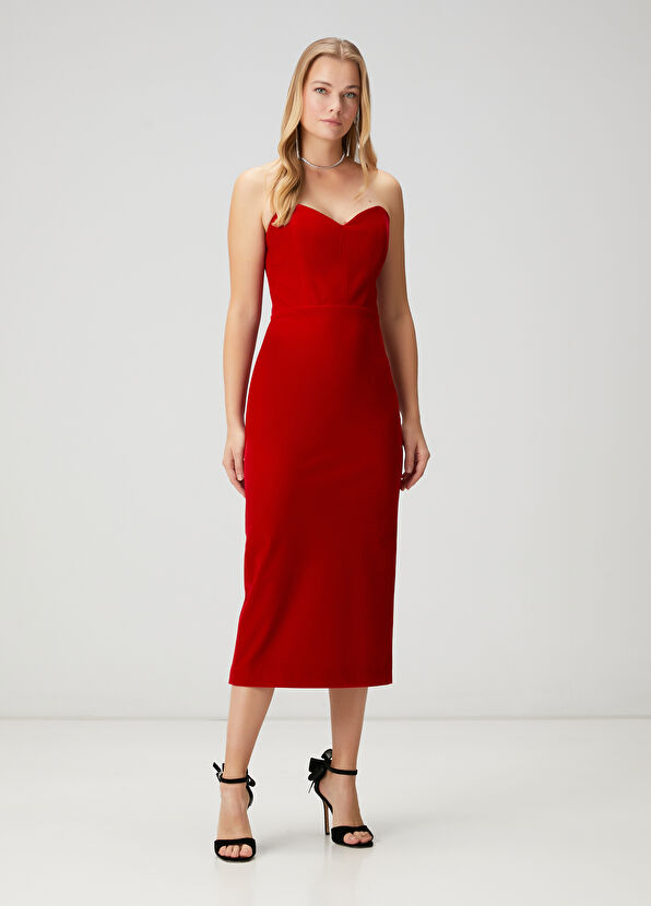 Beymen Club Kırmızı Straplez Midi Kokteyl Elbise - 4