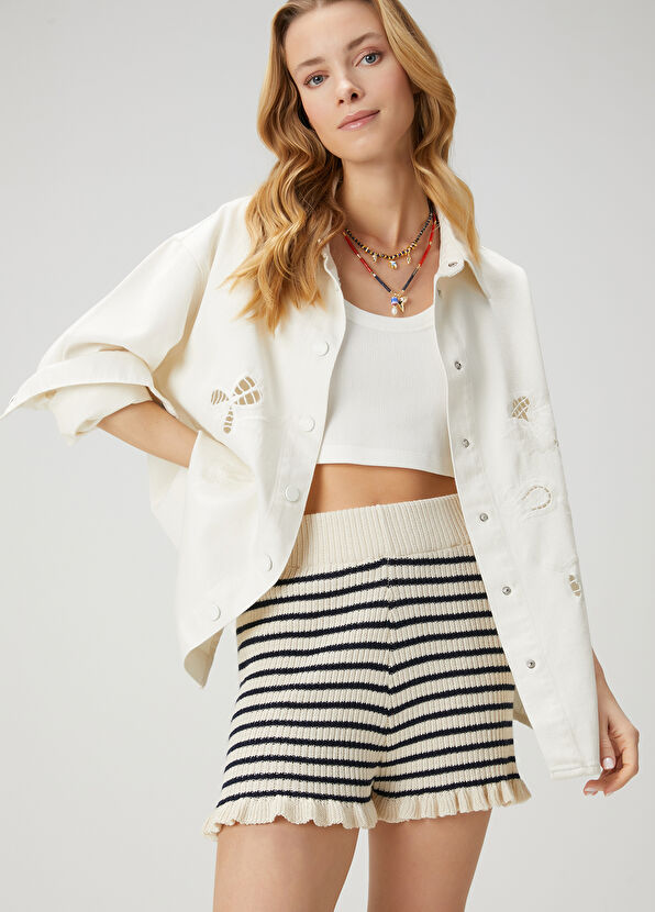 Beymen Club Navy Blue Ecru Striped Knit Shorts - 1