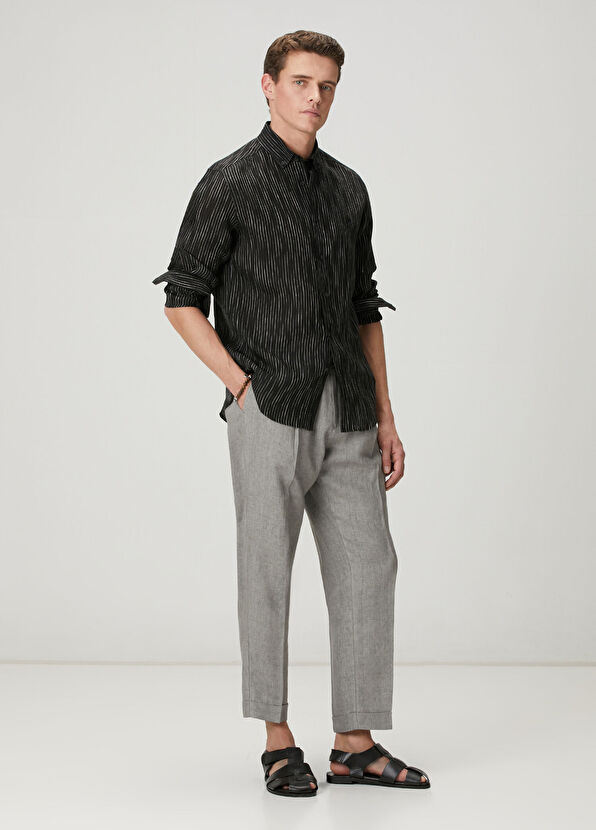 Beymen Club Comfort Fit Blue Dashed Striped Linen Shirt - 3