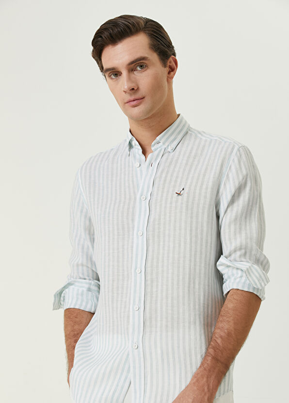 Beymen Club Comfort Fit Açık Mint Çizgili Keten Gömlek - 2