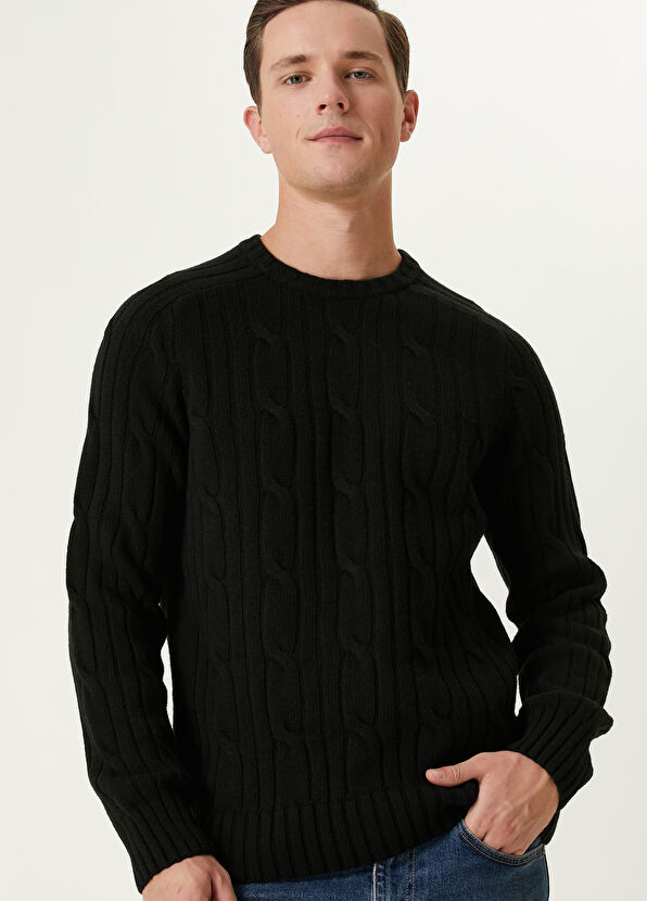 Beymen Club Siyah Kalın Saç Örgü Dokulu Yün Kazak - 2