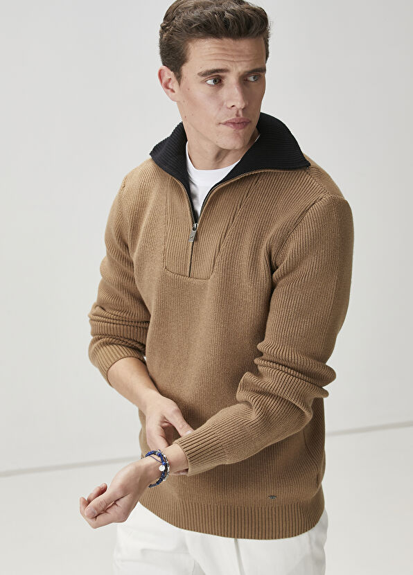 Beymen Club Camel Collar Zippered Sweater - 1