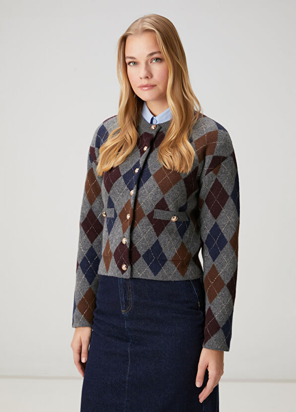 Beymen Club Gri Baklava Desenli Yün Hırka - 1