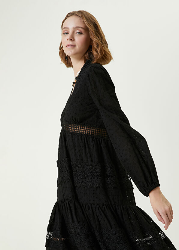 Beymen Club Siyah V Yaka Şerit Dantelli Midi Elbise - 2