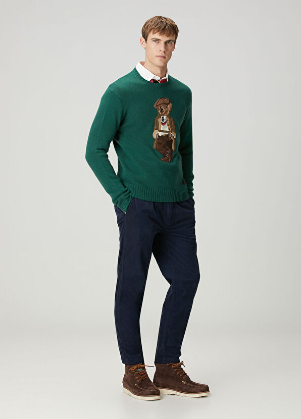 Koyu Yeşil Logo Jakarlı Yün Kazak - Görsel 4