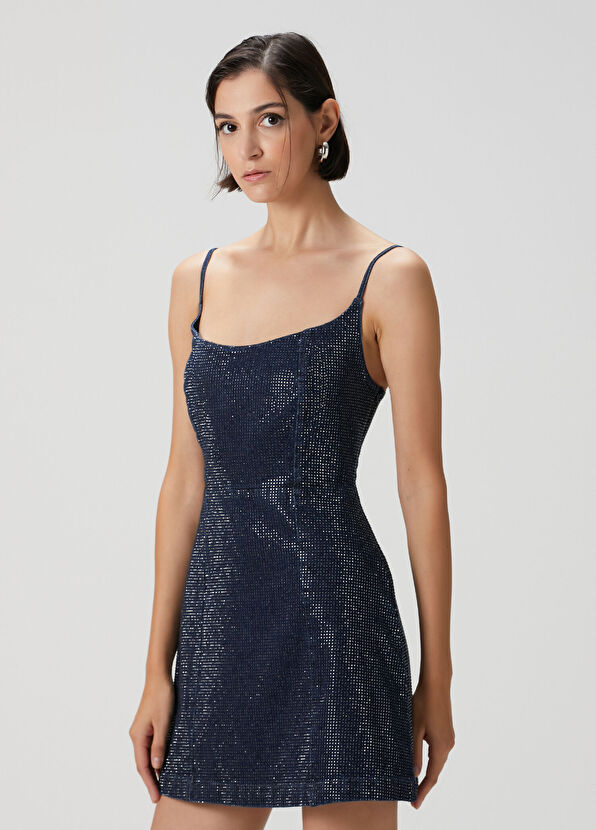 Lacivert Taşlı Mini Denim Elbise - Görsel 2