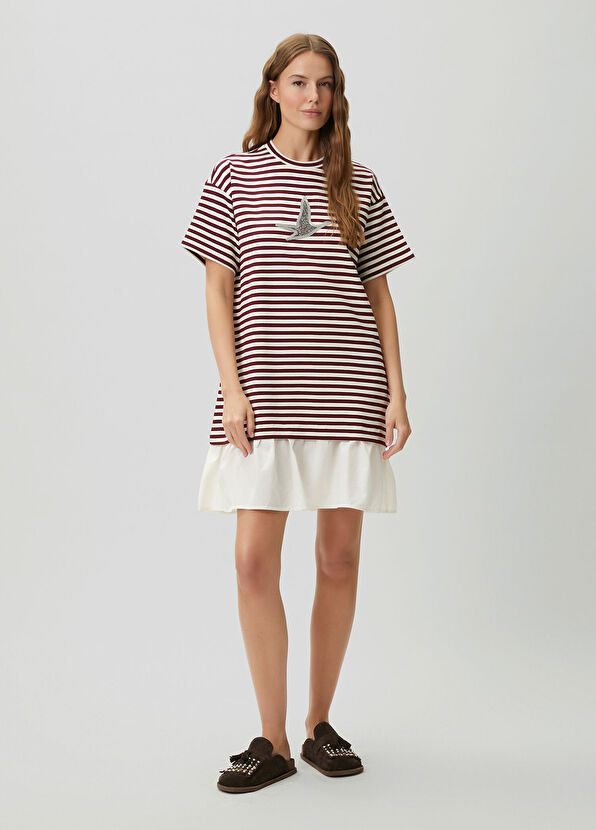 Beymen Club Beyaz Bordo Çizgili Taş Logolu Kısa Elbise - 1