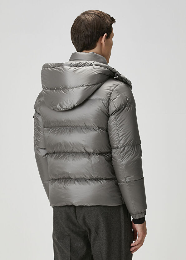 Gri Kapüşonlu Puff Mont - Görsel 6