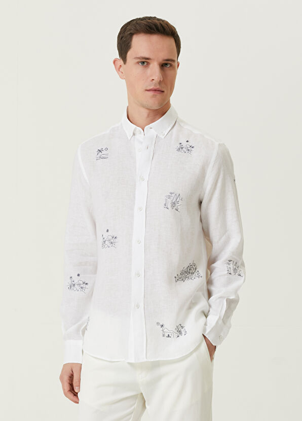Beymen Club Comfort Fit White Landscape Embroidered Linen Shir - 1