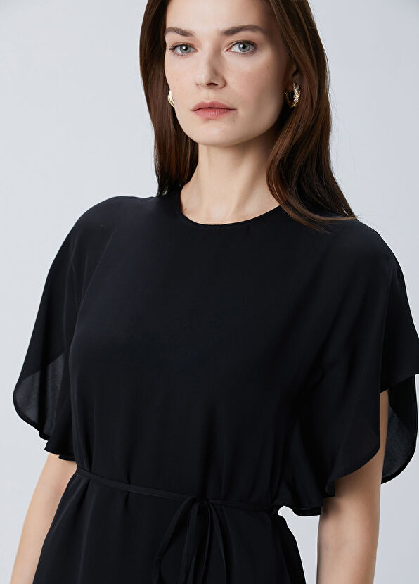 Siyah Beli Bağlamalı Midi İpek Elbise - Görsel 3