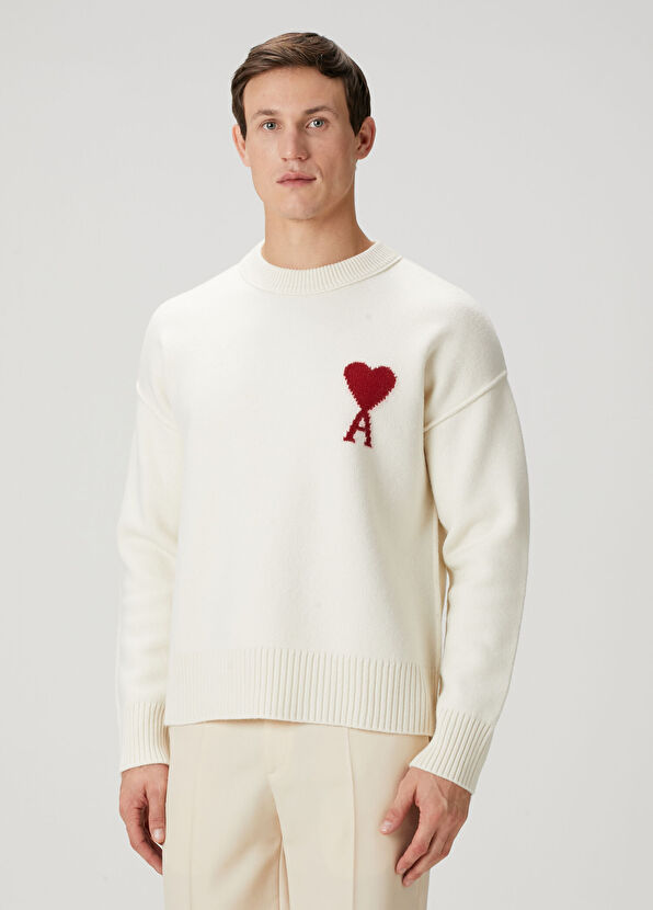 Ami Paris Off-White Logo Jacquard Wool Sweater - 1