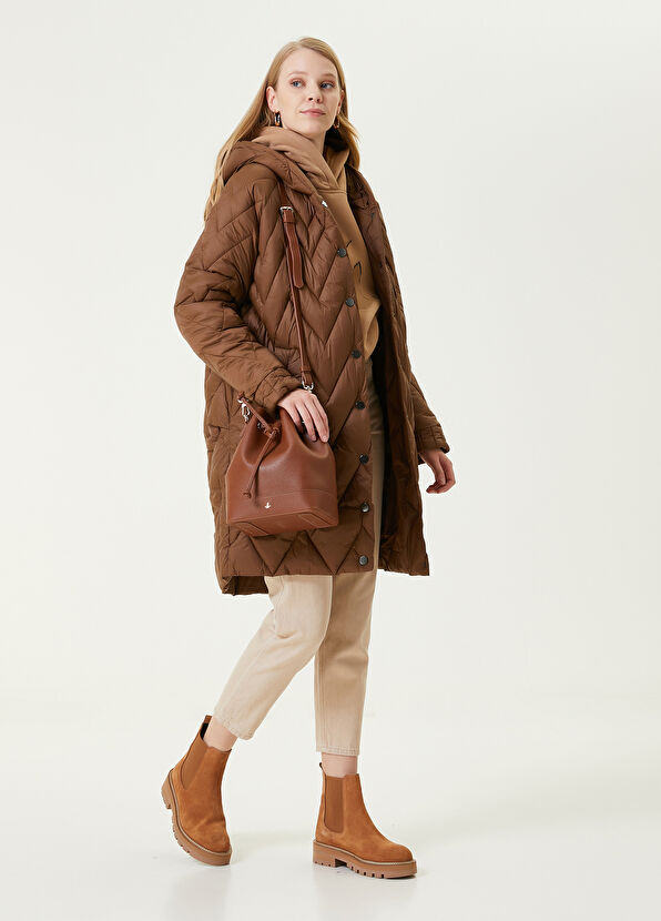 Beymen Club Camel Hooded Quilted Long Coat - 3