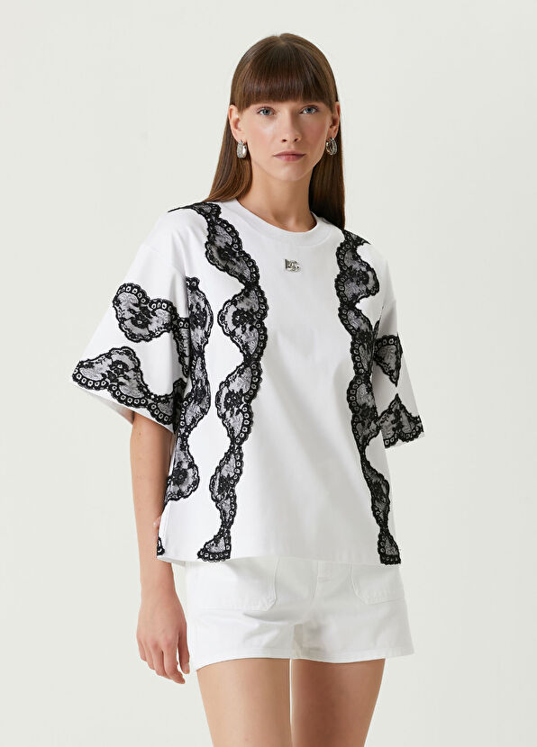 Dolce&Gabbana Beyaz Siyah Dantel Garnili T-shirt - 1