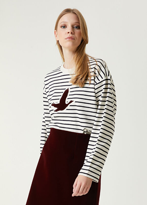 Beymen Club Ekru Lacivert Çizgili Sweatshirt - 1