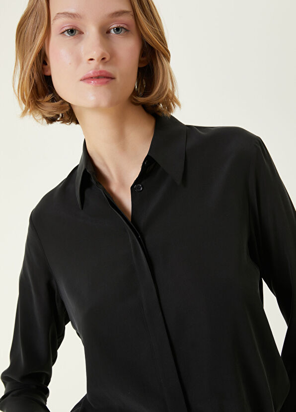 Siyah Kesik Yaka Klasik İpek Gömlek - Görsel 3