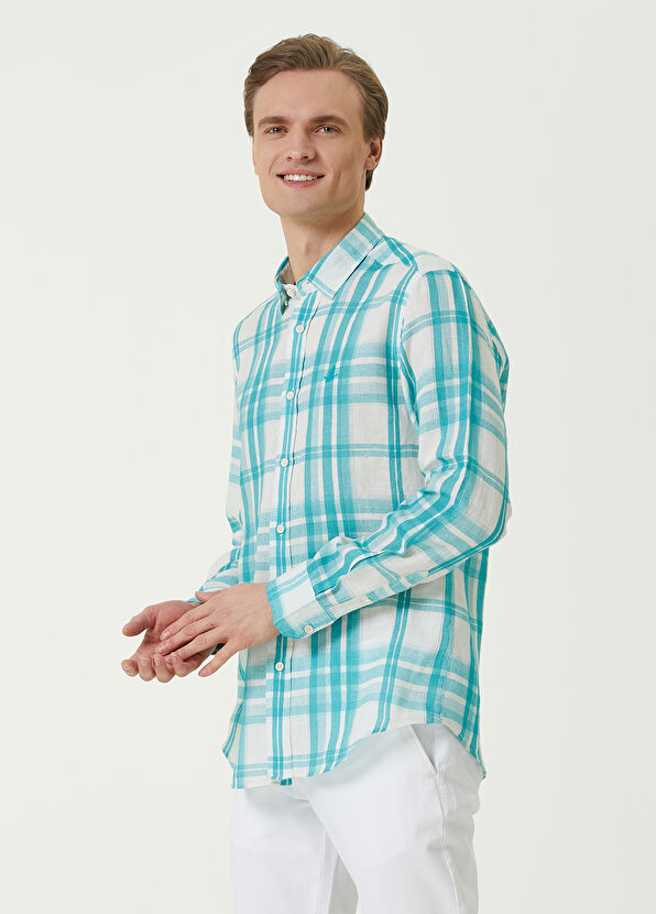 Beymen Club Comfort Fit Turkuaz Ekose Desenli Keten Gömlek - 1