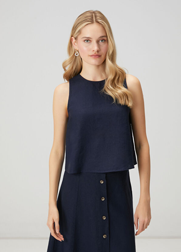 Beymen Club Lacivert Kolsuz Keten Bluz - 1