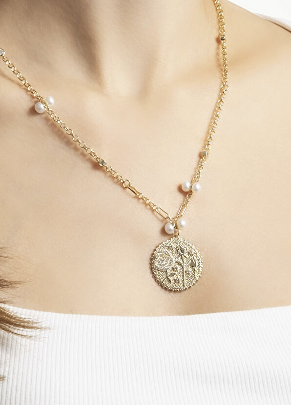 So Chic Love and Rose Medallion Silver 18K Yellow Gold Plated Women's Necklace - 2