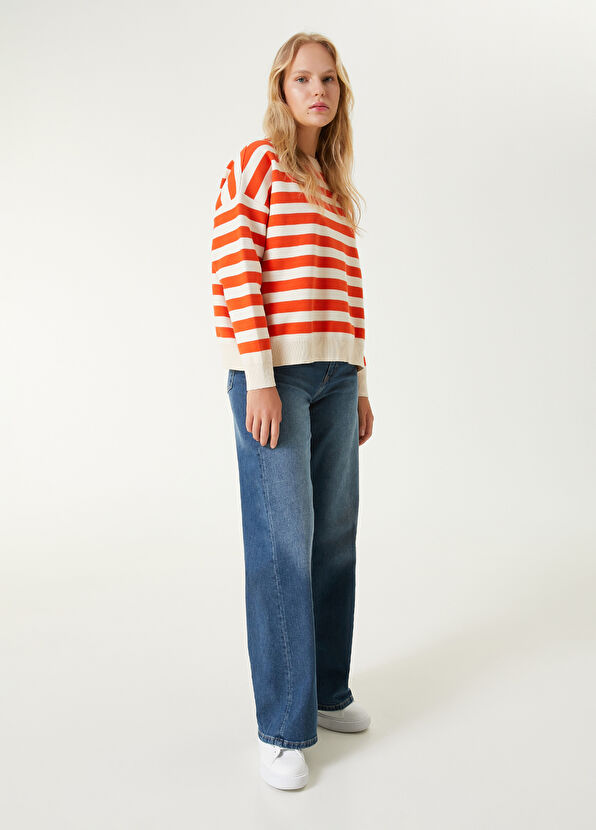 Beymen Club Turuncu Beyaz Çizgili Oversize Kazak - 3