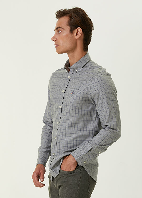 Beymen Club Slim Fit Gri Mavi Kontrast Çizgili Ekoseli Gömlek - 3