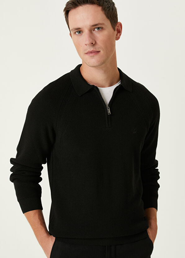 Beymen Club Black Raglan Sleeves Wool Polo Sweater - 2